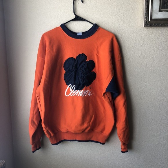 Vintage 80s Clemson Tigers Crewneck Sweatshirt Large Orange Knit Big Patch Logo - Picture 1 of 8